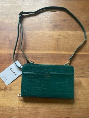 Calpak emerald Croc-Embossed Crossbody Wallet with Gold Hardware NWT
